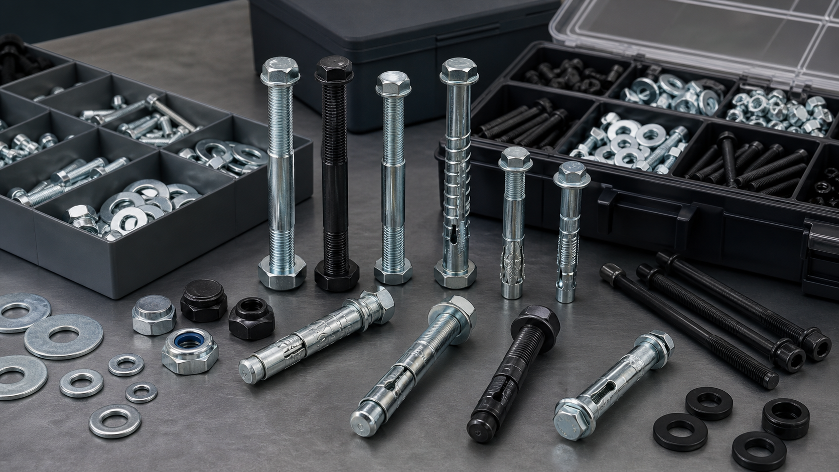 Defense-grade bolts, sleeve anchors, washers, and fasteners organized for kitting