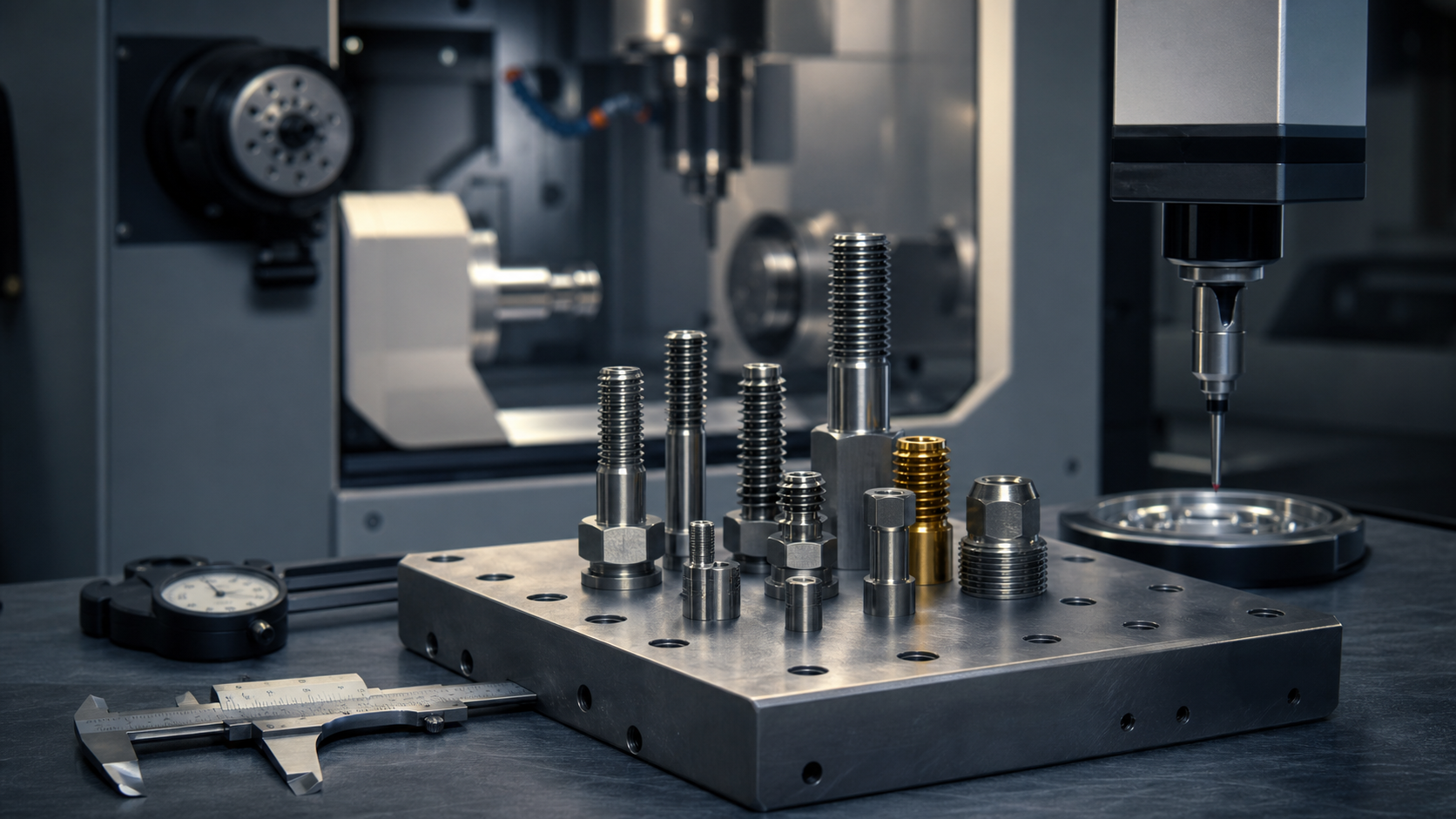 Custom machined hardware components staged for CNC inspection